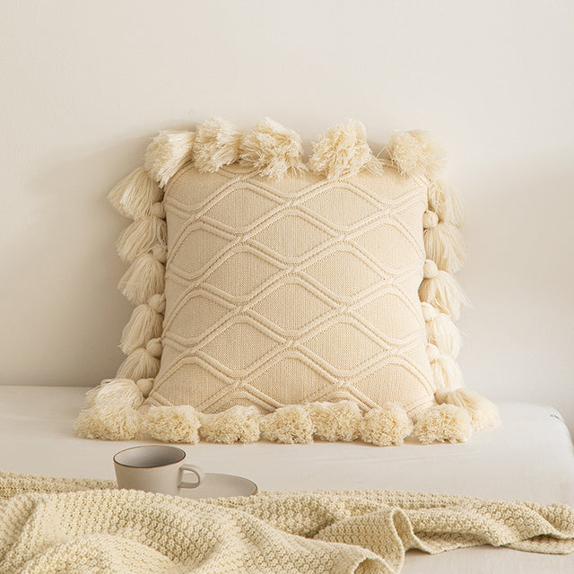 Boho ivory knit throw pillow cover