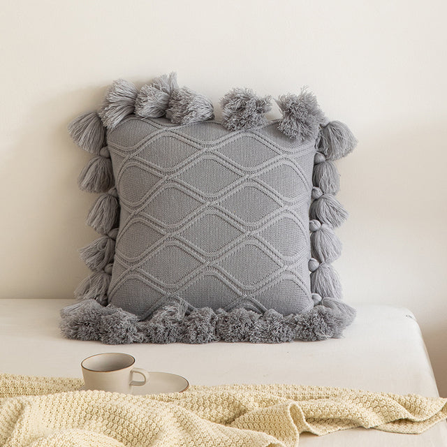 Boho grey knit pillow cover with tassels